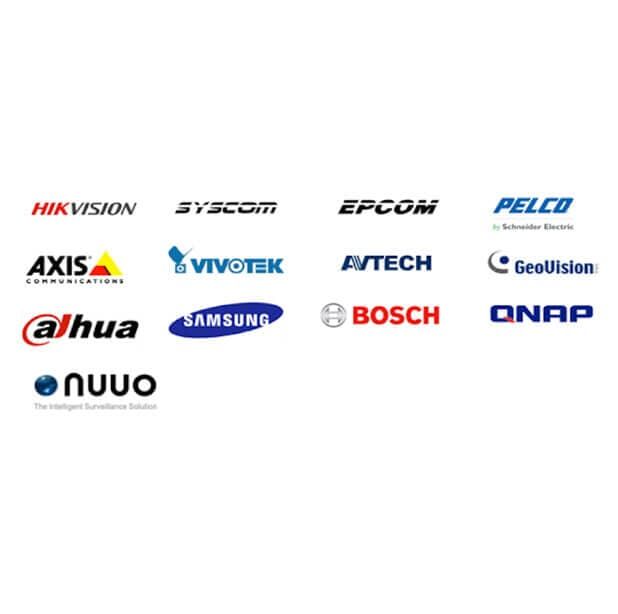 Logotipos de marcas de equipos de vigilancia: Hikvision, Axis, Dahua, Samsung, Bosch y otras.
