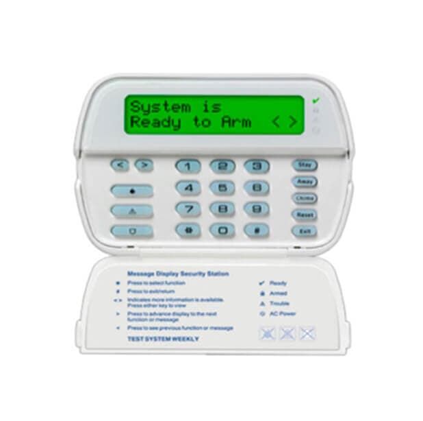 Teclado blanco del sistema de seguridad con el mensaje 