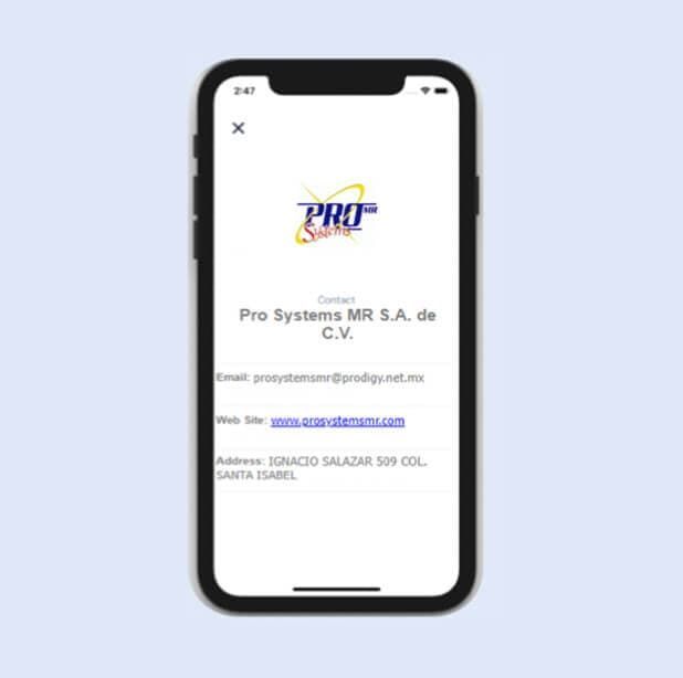 Un teléfono muestra información de contacto de Pro Systems MR SA de CV, incluyendo un logotipo, correo electrónico, sitio web y dirección.