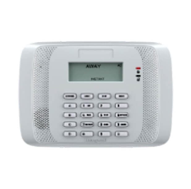 Teclado blanco para sistema de seguridad doméstica con pantalla LCD y botones numerados.