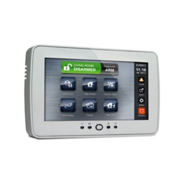 Panel de control del sistema de seguridad con pantalla táctil blanca, con el estado activo 