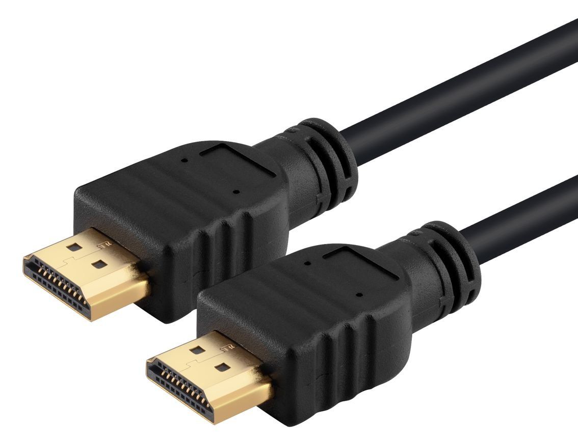 Δύο μαύρα καλώδια HDMI με χρυσούς συνδετήρες.