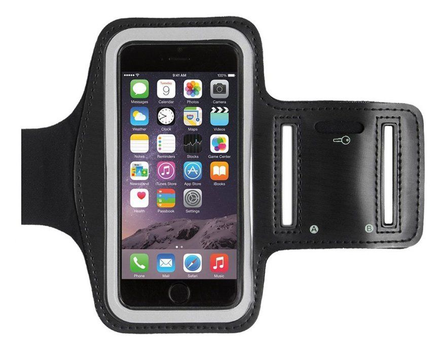 Μαύρο περιβραχιόνιο για smartphone με οθόνη αφής.