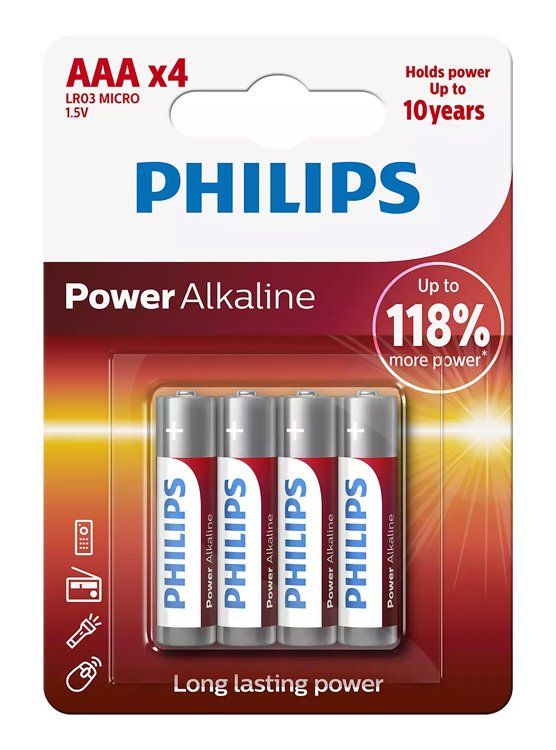 Συσκευασία αλκαλικών μπαταριών AAA Philips Power (x4). Κόκκινη και άσπρη επωνυμία.