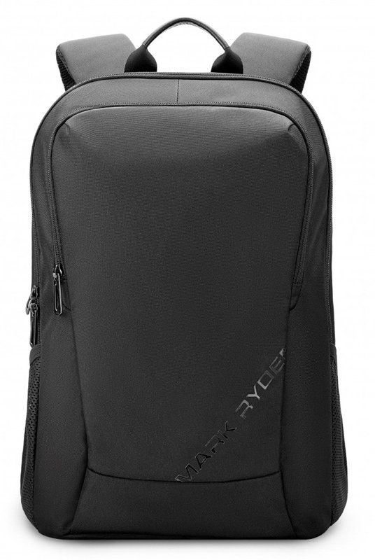 Μαύρο σακίδιο πλάτης με καμπυλωτό μπροστινό μέρος, ιμάντες ώμου και λαβή στο πάνω μέρος.