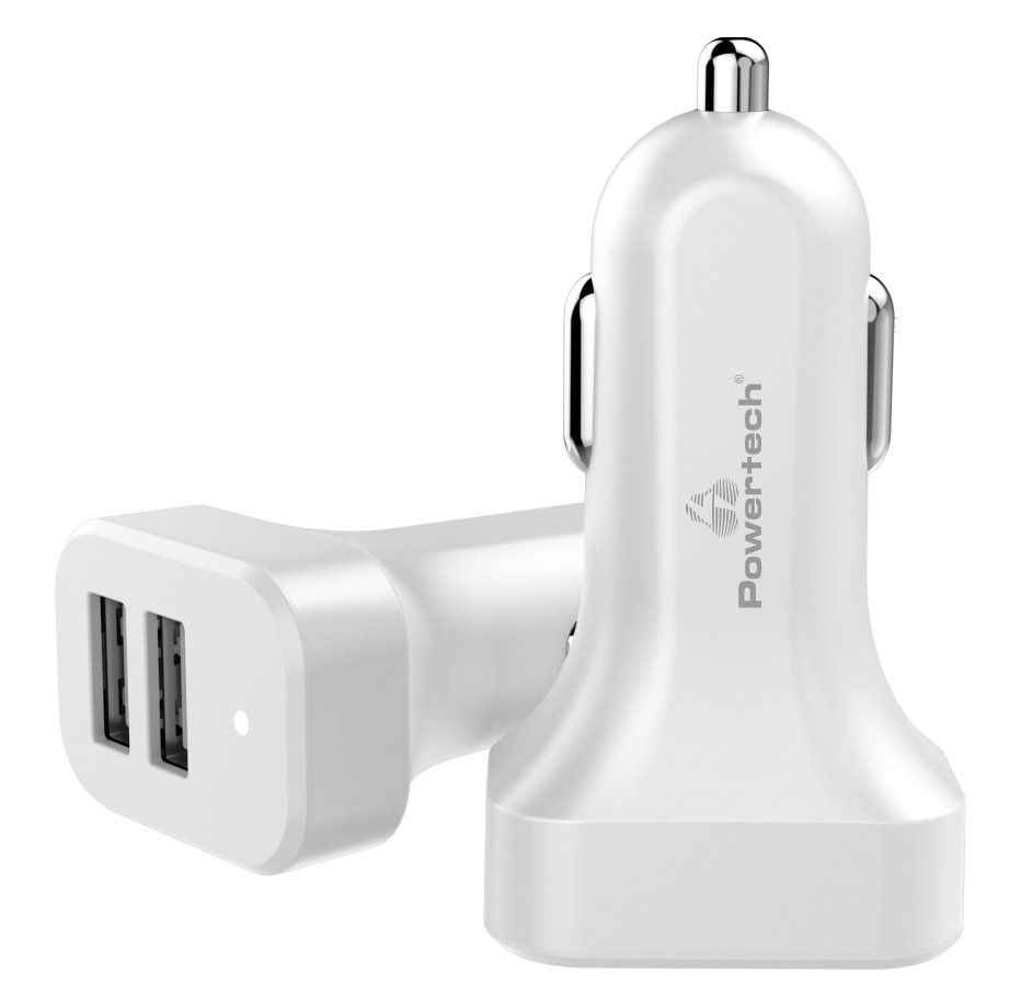 Λευκός φορτιστής αυτοκινήτου Powertech με δύο θύρες USB.