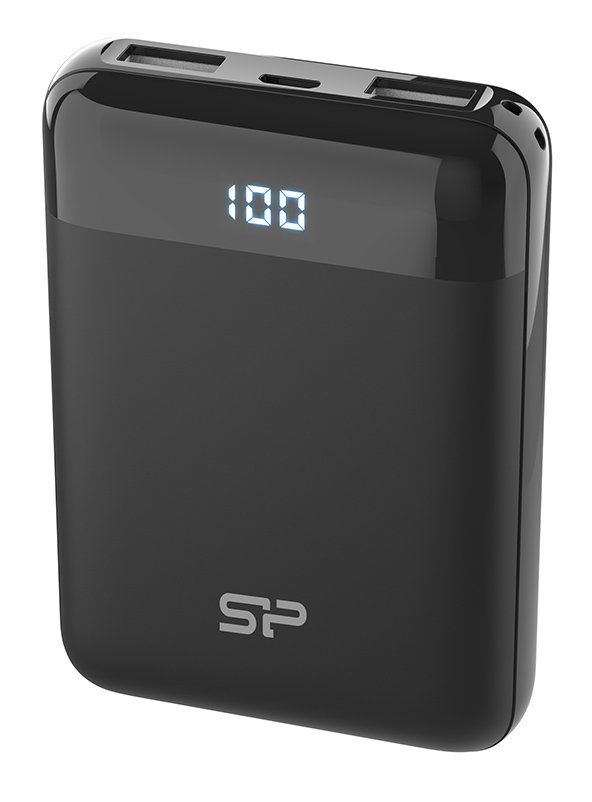 Μαύρο power bank με ψηφιακή οθόνη που δείχνει 100%. Δύο θύρες USB στο επάνω μέρος, λογότυπο SP στο κάτω μέρος.