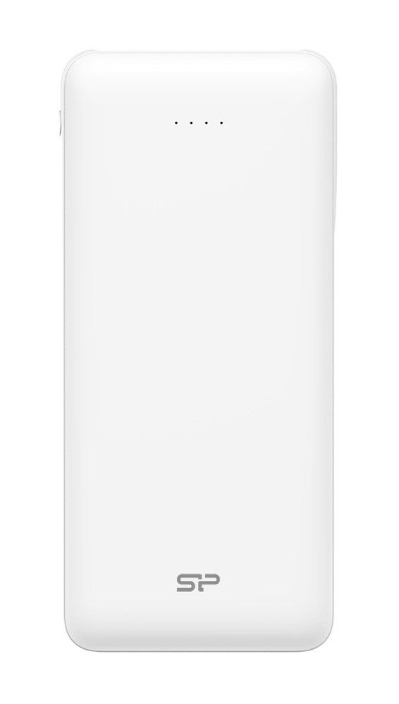 Λευκός φορητός φορτιστής με το λογότυπο SP και τις ενδεικτικές λυχνίες.