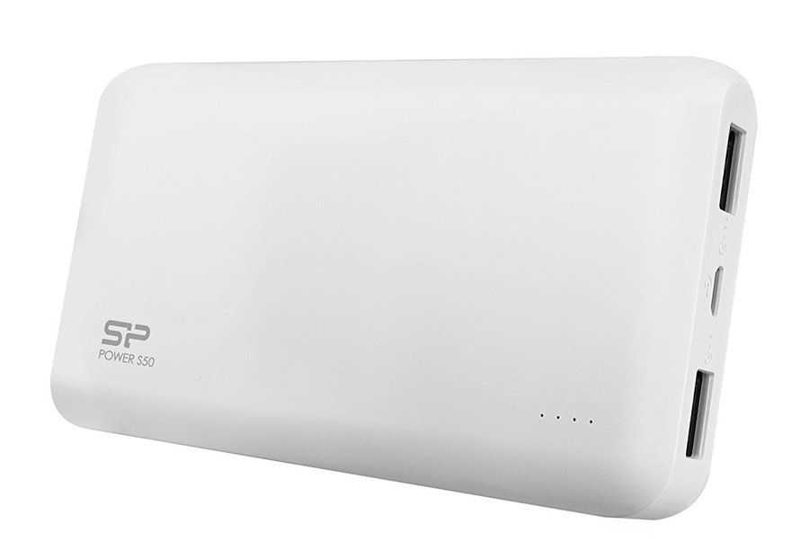 Λευκό power bank με δύο θύρες USB και τρεις ενδεικτικές λυχνίες.