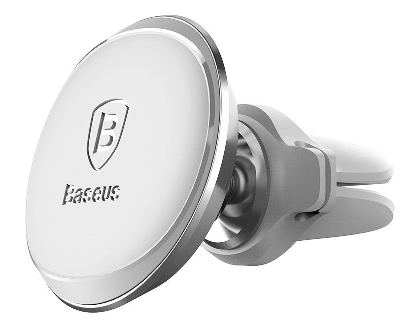 Λευκή και ασημί μαγνητική βάση αυτοκινήτου για τηλέφωνο Baseus, προσαρτημένη σε αεραγωγό.