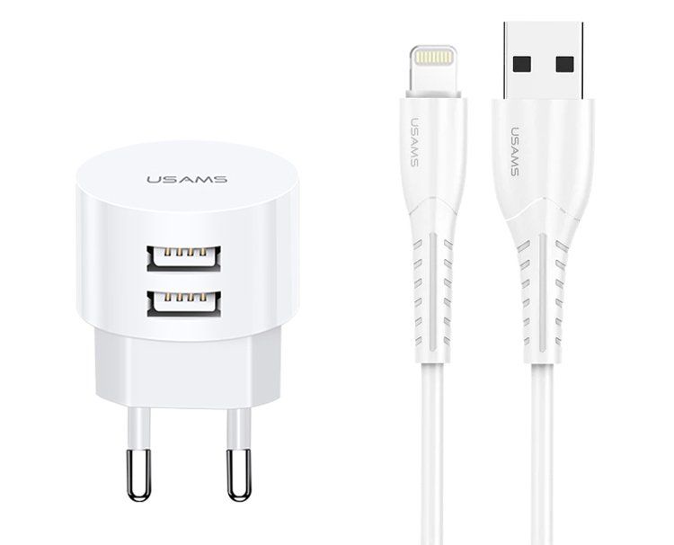 Λευκός φορτιστής διπλού USB USAMS με καλώδιο Lightning.