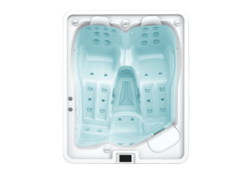 Top-down view of a white, rectangular two-person hot tub with blue interior and multiple jets.