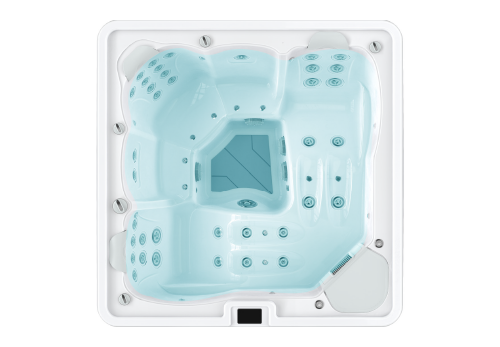 Overhead view of a light blue hot tub with multiple jet seating in a white square frame.
