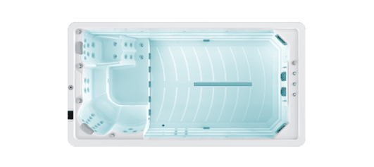 Top-down view of a blue swim spa with a hot tub section and a long swimming area.
