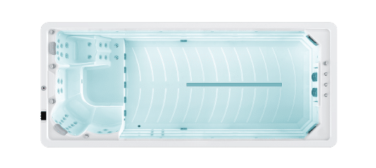 Top-down view of a rectangular swimming pool with a jacuzzi area and swim lane.