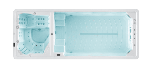 Top-down view of a combination spa and swimming pool in a white frame, filled with light blue water.