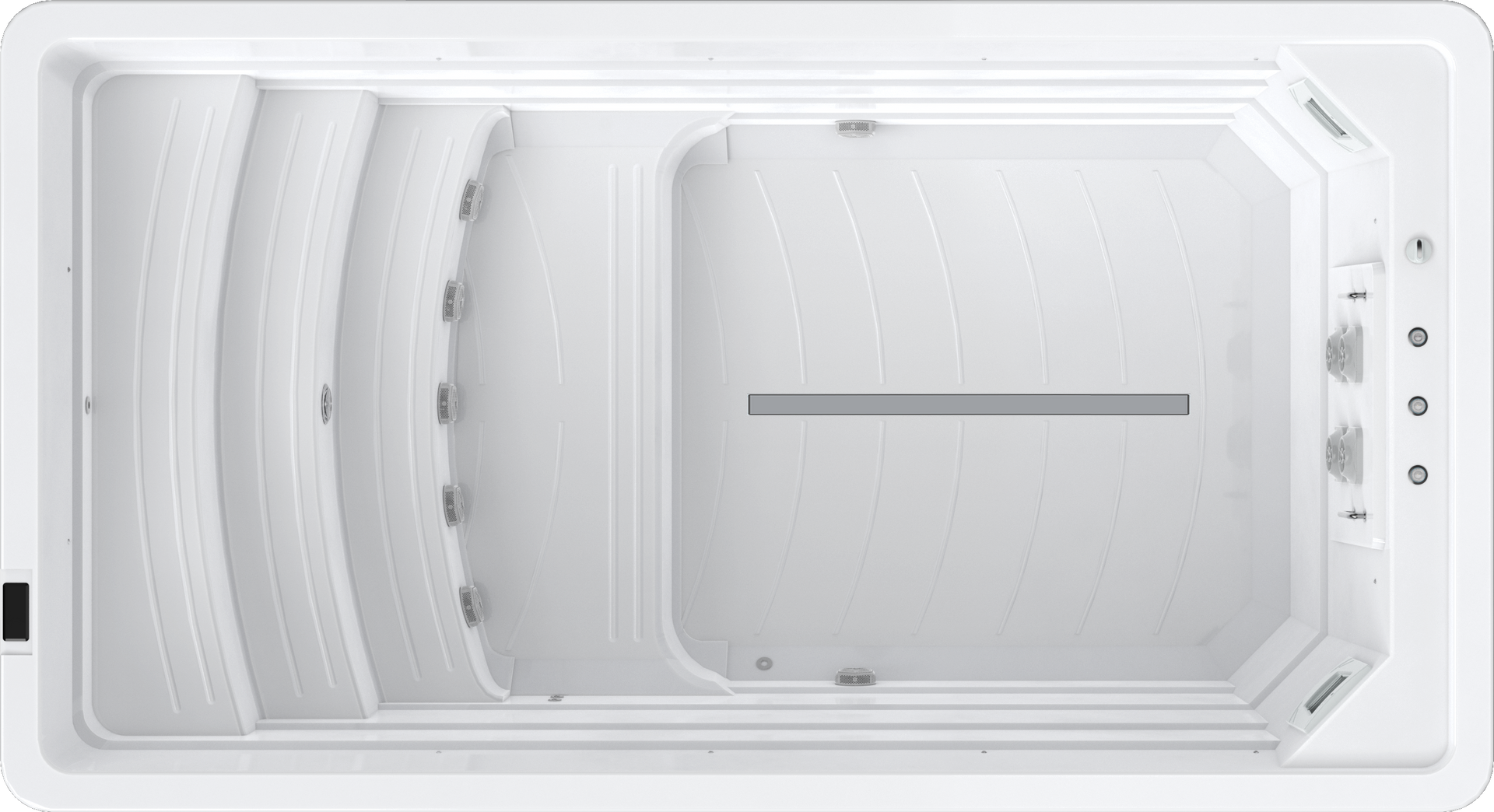 Top-down view of a white rectangular swim spa, with steps, seating, and control panel.