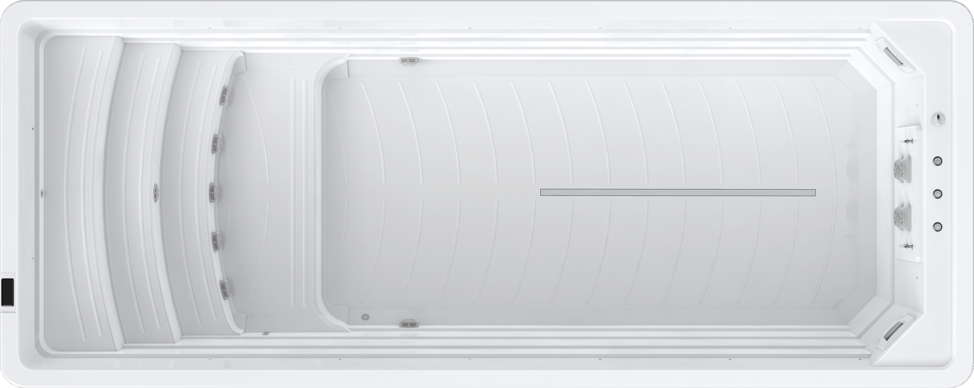 Overhead view of a rectangular white swim spa with steps and control panel.