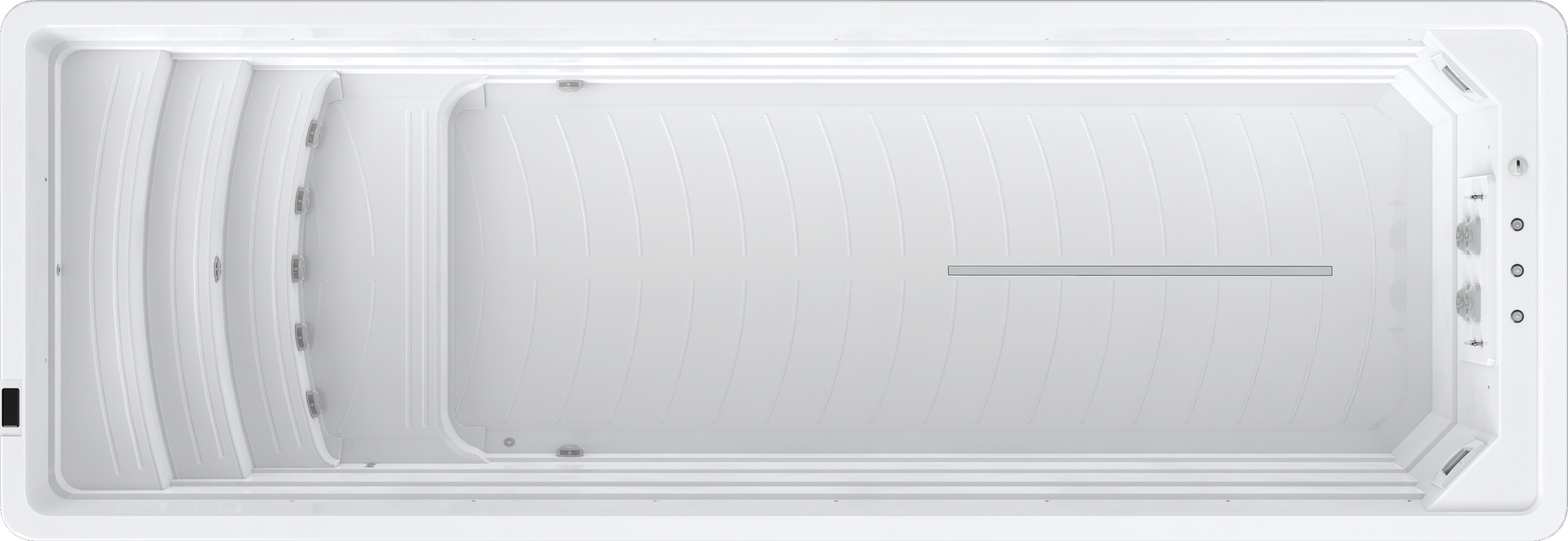 White rectangular swim spa with built-in steps and control panel.