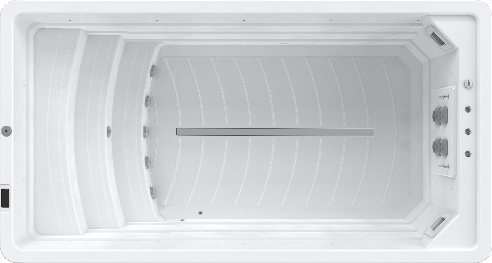 Overhead view of a white swim spa with molded seating, steps, and swim jets.