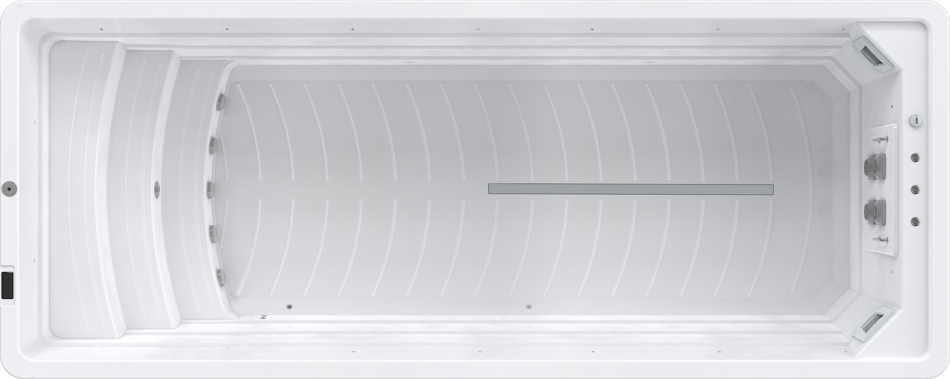 White, rectangular swim spa, top-down view. Interior features a central swim lane, and water flow features. Control panel on right side.