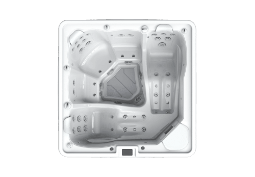 Overhead view of a white square hot tub with various seating areas and jet configurations.