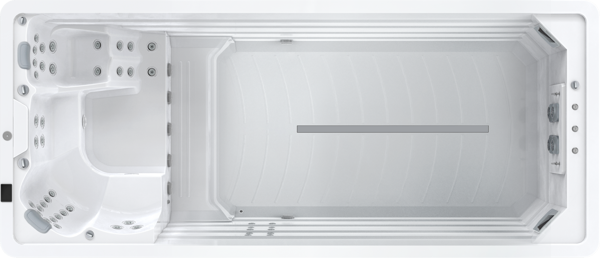 Overhead view of a swim spa with a hot tub on one end and a swimming area with a current.