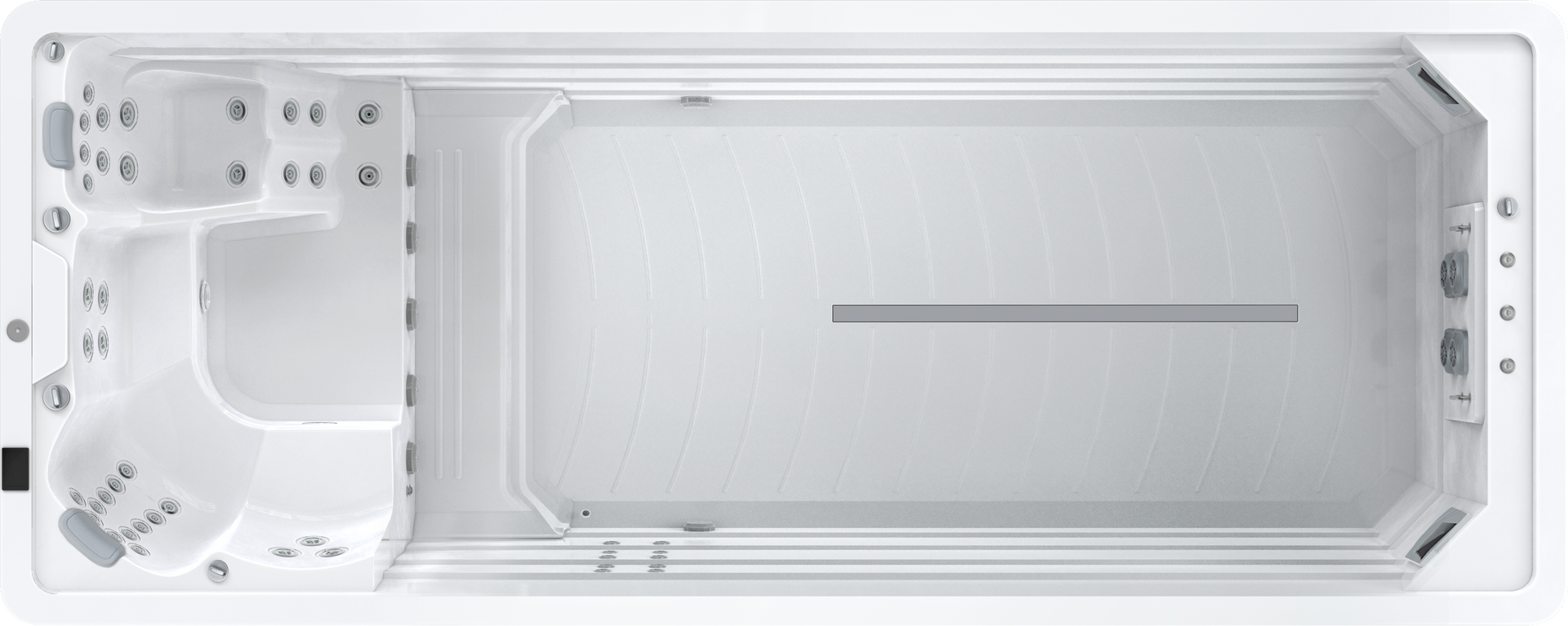 Overhead view of a white swim spa with a jacuzzi and a swimming area.