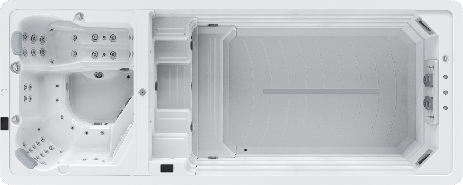 A rectangular white swim spa with two sections: a spa and a swim area, overhead view.