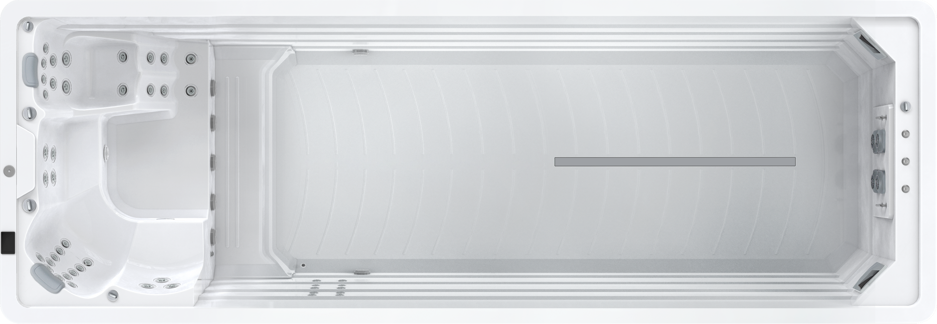 Overhead view of a rectangular white swim spa with a jacuzzi and swimming area.