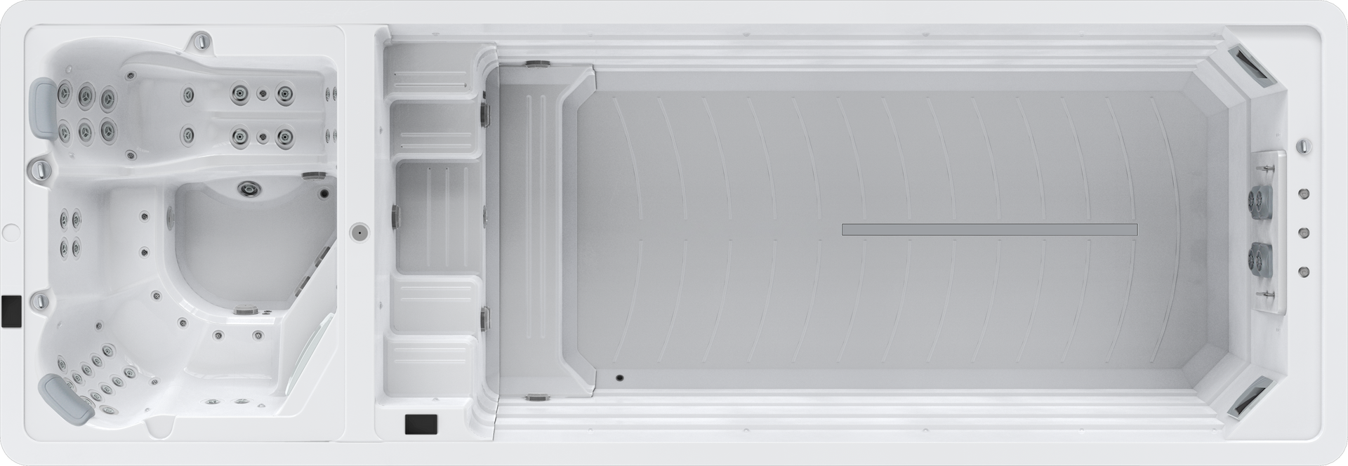 A white swim spa, comprising a hot tub and a long rectangular swimming area with built-in steps.