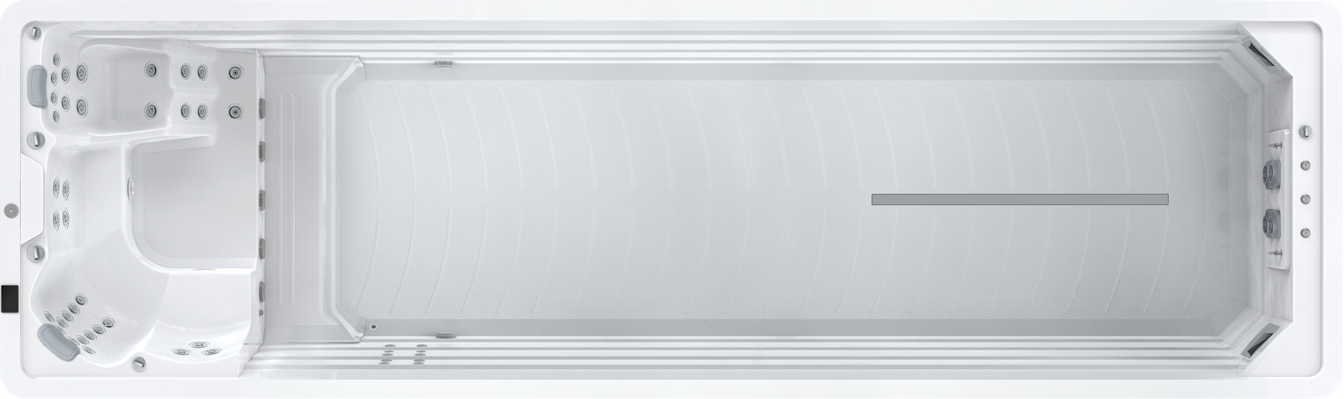 Overhead view of a white swim spa with integrated hot tub.