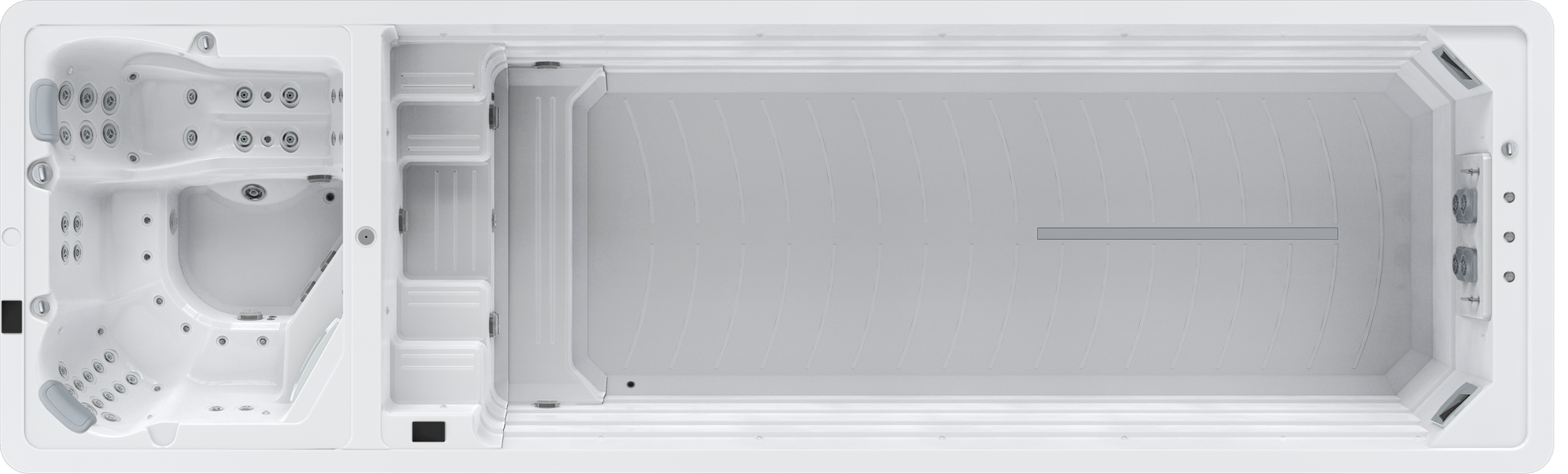 Top-down view of a white swim spa, featuring a hot tub, steps, and a swimming area.