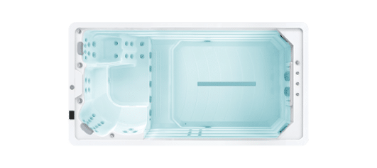 Top-down view of a rectangular swim spa with a jetted spa section in light blue.