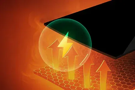 A green orb with a lightning bolt symbol sits above a glowing, orange hexagonal grid with upward-pointing arrows.
