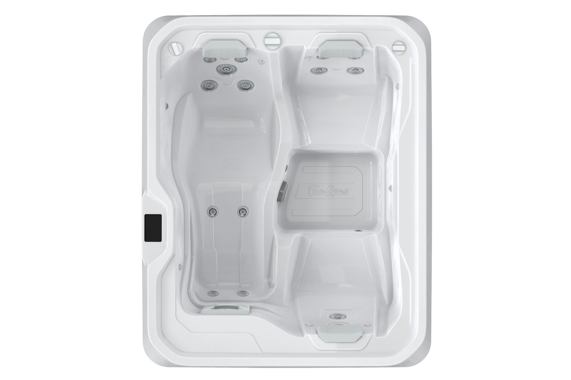 White hot tub with two distinct seating areas and jet placement.