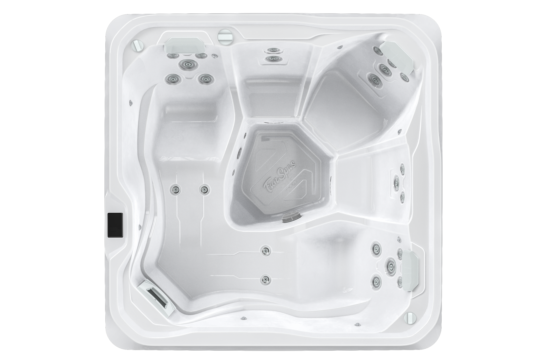 White, square hot tub with multiple seats and jets, viewed from above.