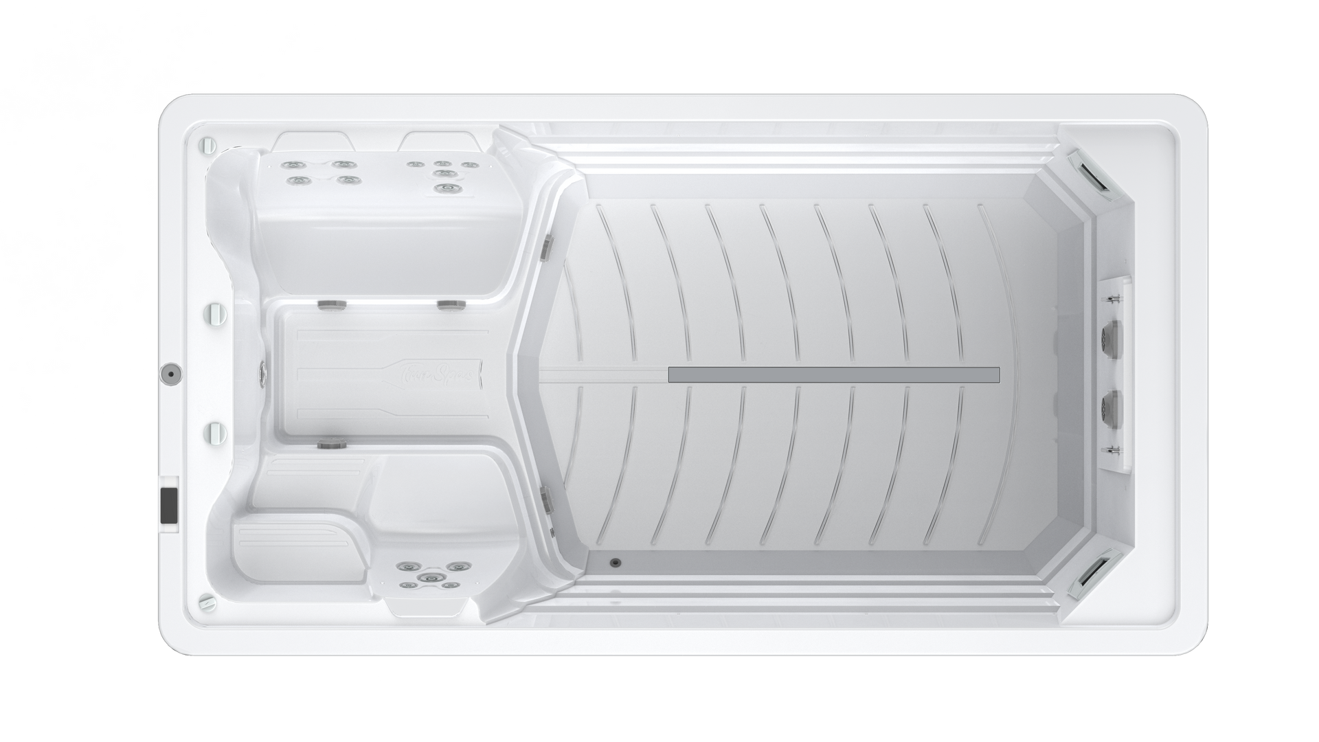 White swim spa with integrated hot tub, overhead view.