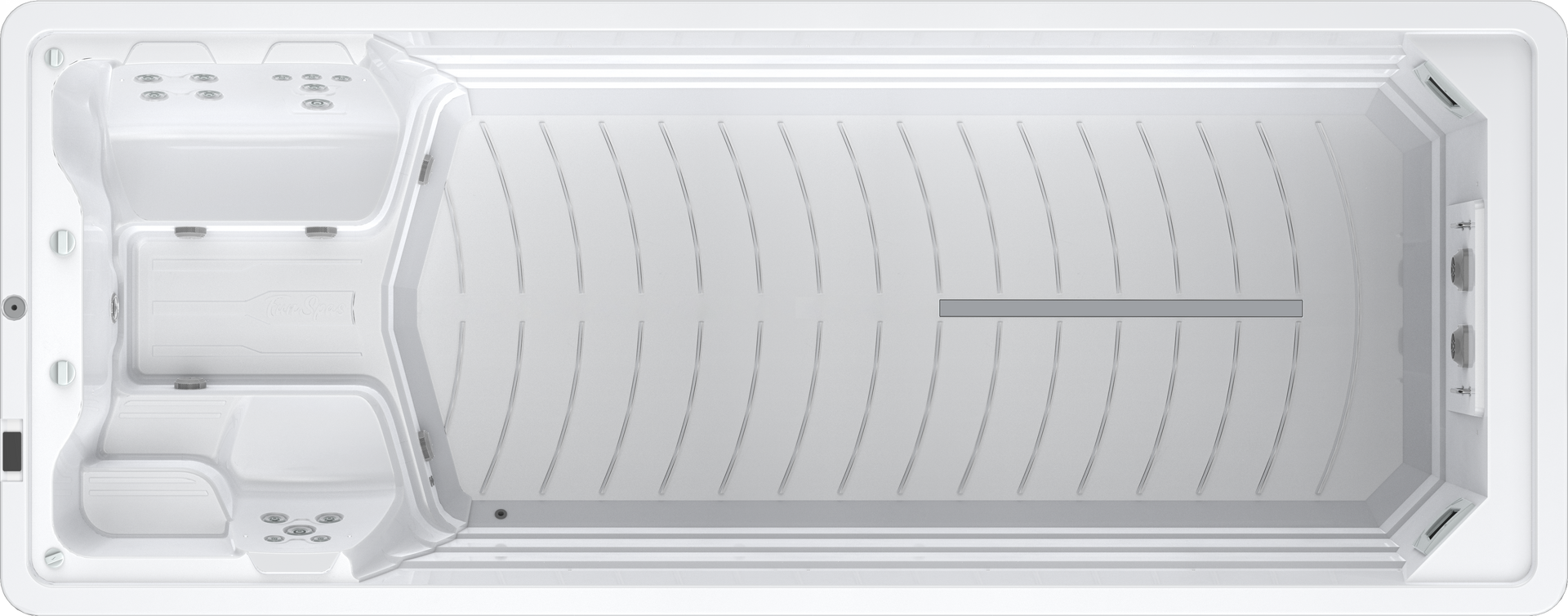 Overhead view of a white swim spa with seating area and swimming lane.