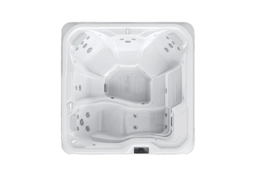 Overhead view of a white square hot tub with several molded seating areas and jets.