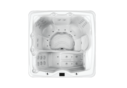 White rectangular hot tub with multiple seating areas and water jets.