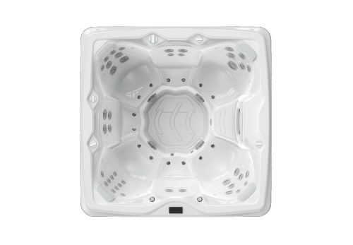 Overhead view of a white, square hot tub with multiple seating areas and jets.