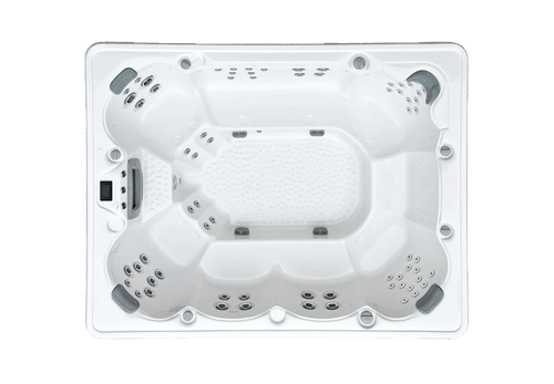 Overhead view of a white rectangular hot tub with multiple seating areas and jet placements.