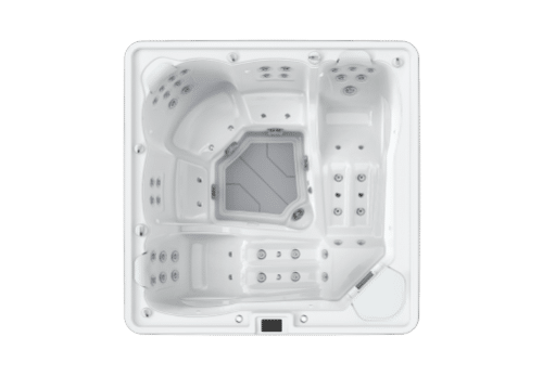 Overhead view of a white, square hot tub with multiple seating areas and jet nozzles.