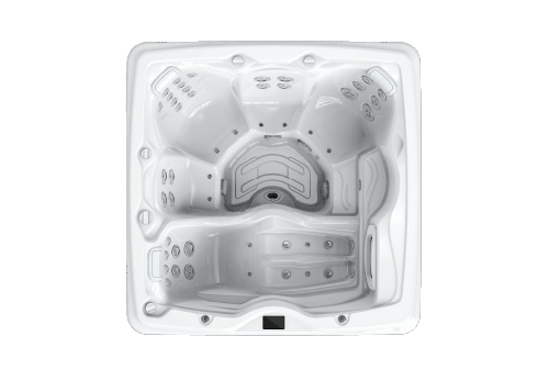 Overhead view of a white, square hot tub with molded seats and multiple jet placements.