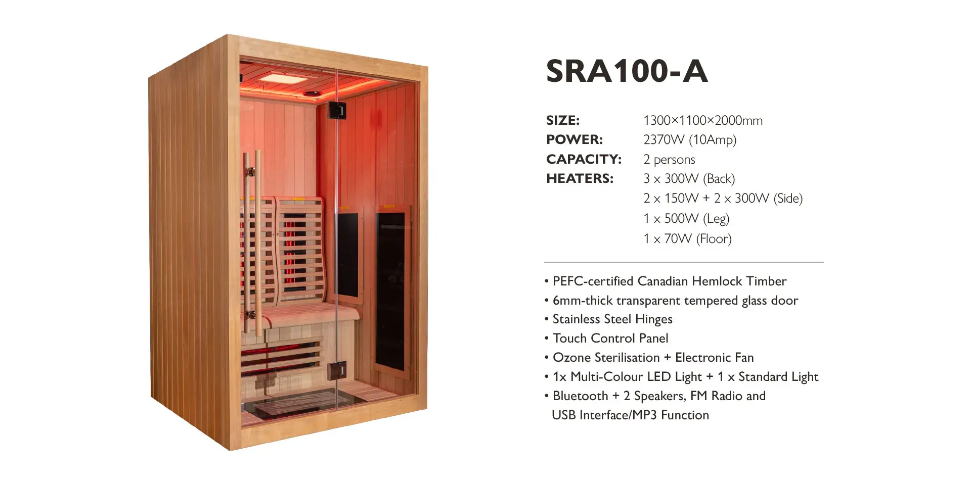 SRA100-A wooden infrared sauna with a glass door, accompanied by technical specifications and feature text.