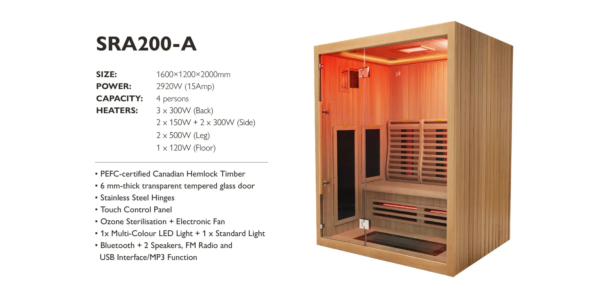 A wood-paneled sauna model SRA200-A with internal lighting, benches, heaters, and product specifications listed to the left.