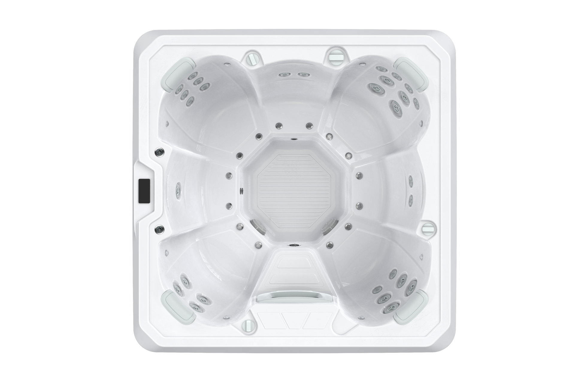 Overhead view of a white square hot tub with multiple seating areas and jets.