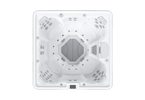 Overhead view of a square white hot tub with multiple seating areas and water jets.