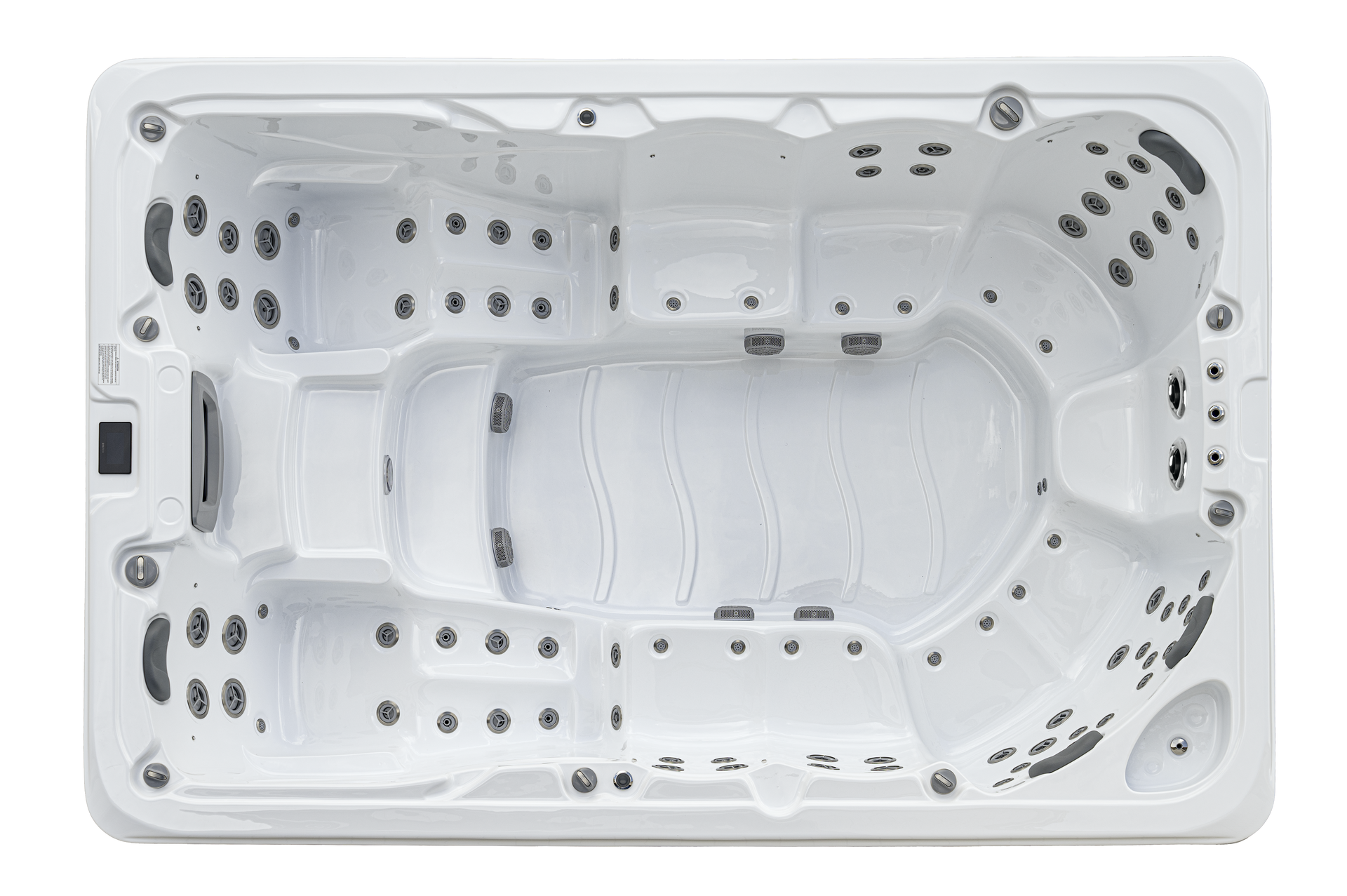 Overhead view of a white rectangular swim spa with molded seating and numerous jet nozzles.